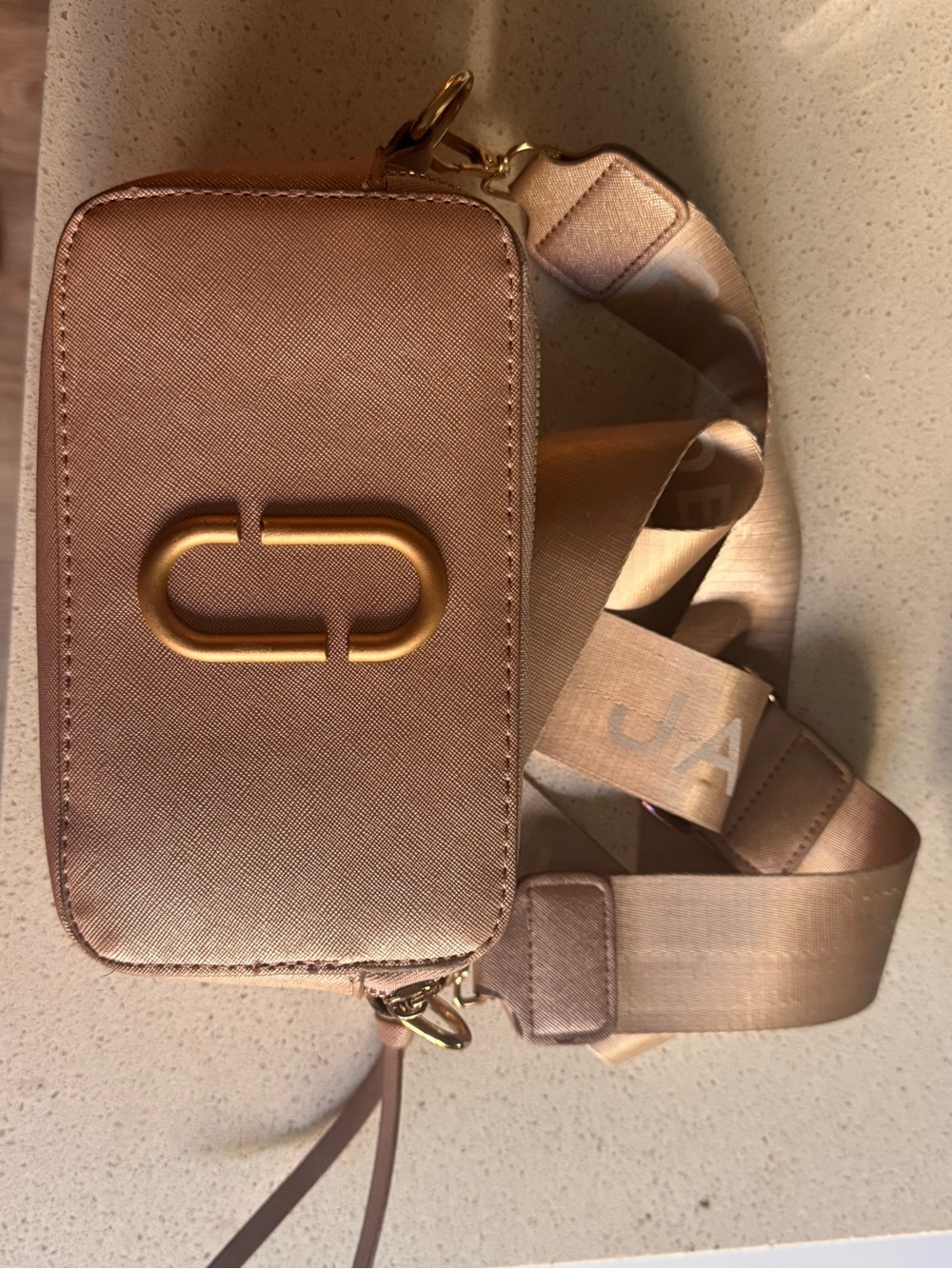 Marc Jacobs Metallic Rose Gold Crossbody Camera Bag with Jacquard Strap
